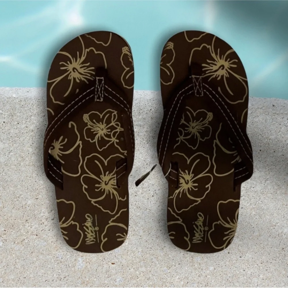 Brown Tropical Flower Flip Flops Casual Floral Unisex Non Gender Kids Size L 3/4